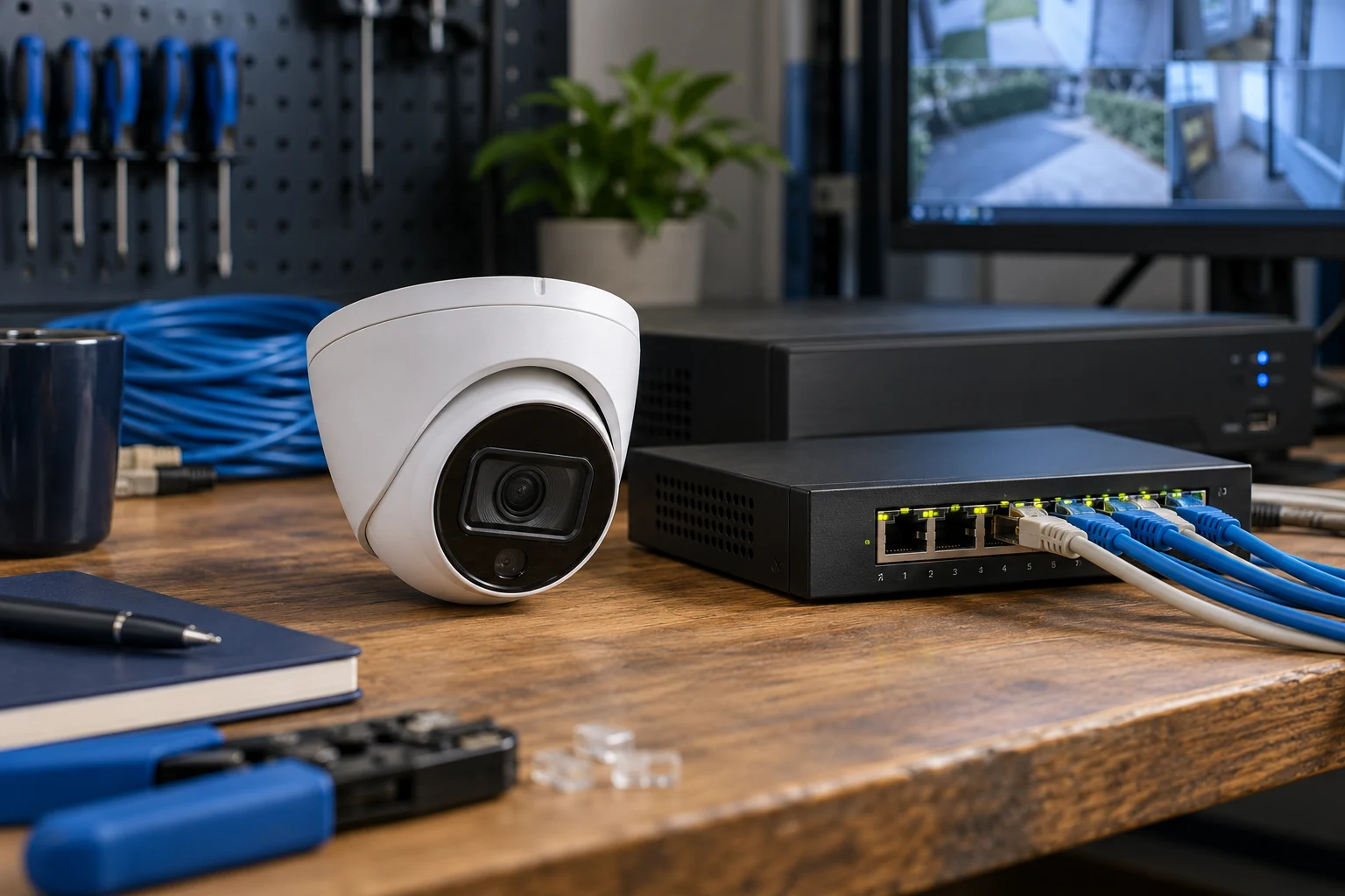 Illustration: IP security camera with PoE network switch and video recorder
