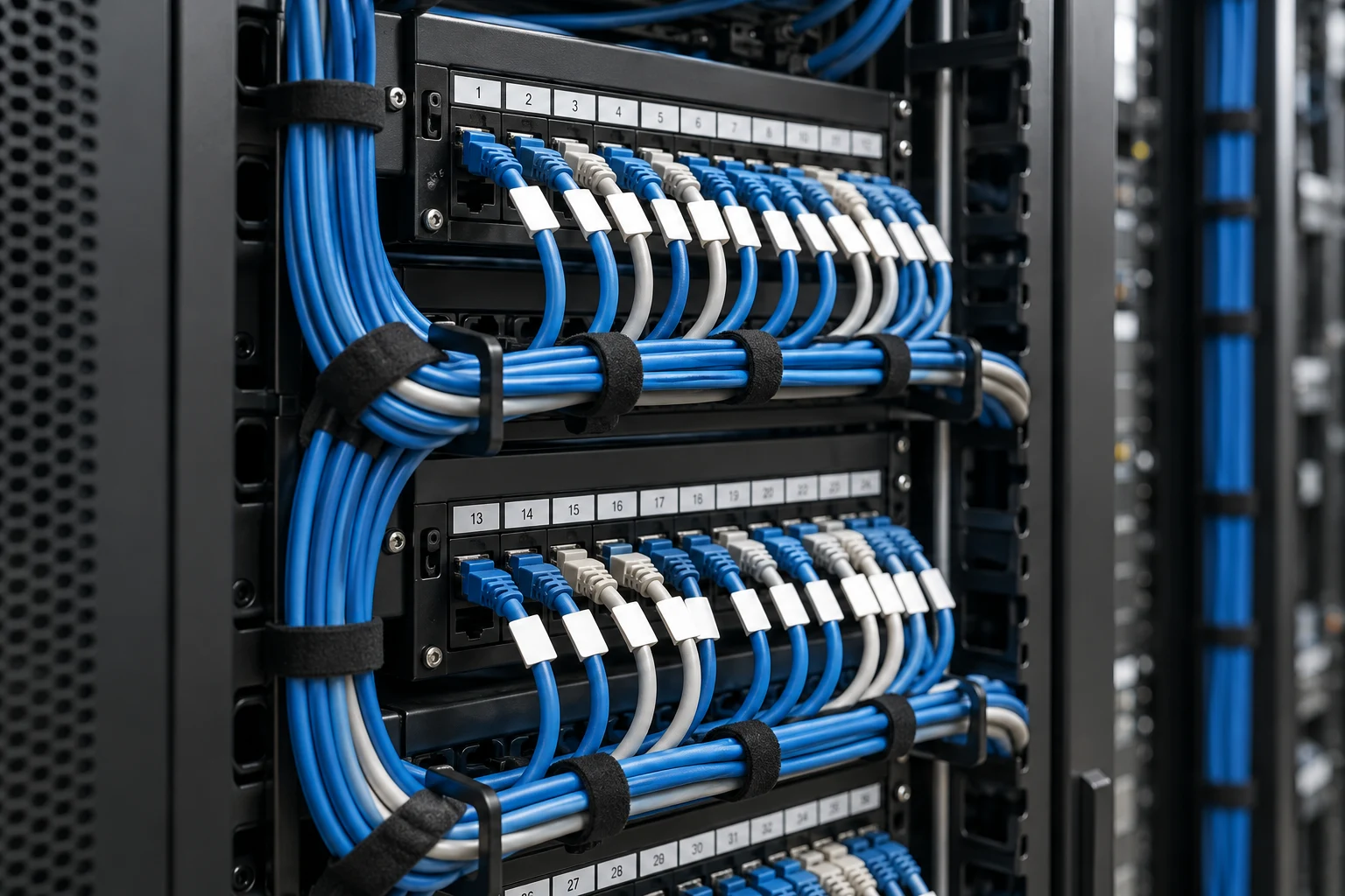 Illustration: Labelled patch leads neatly secured with hook-and-loop straps in a network rack