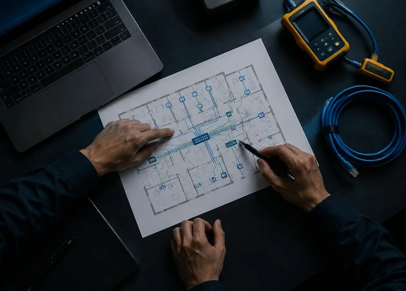 Engineer marking up a network floor plan beside a laptop, cable tester and coiled patch cable