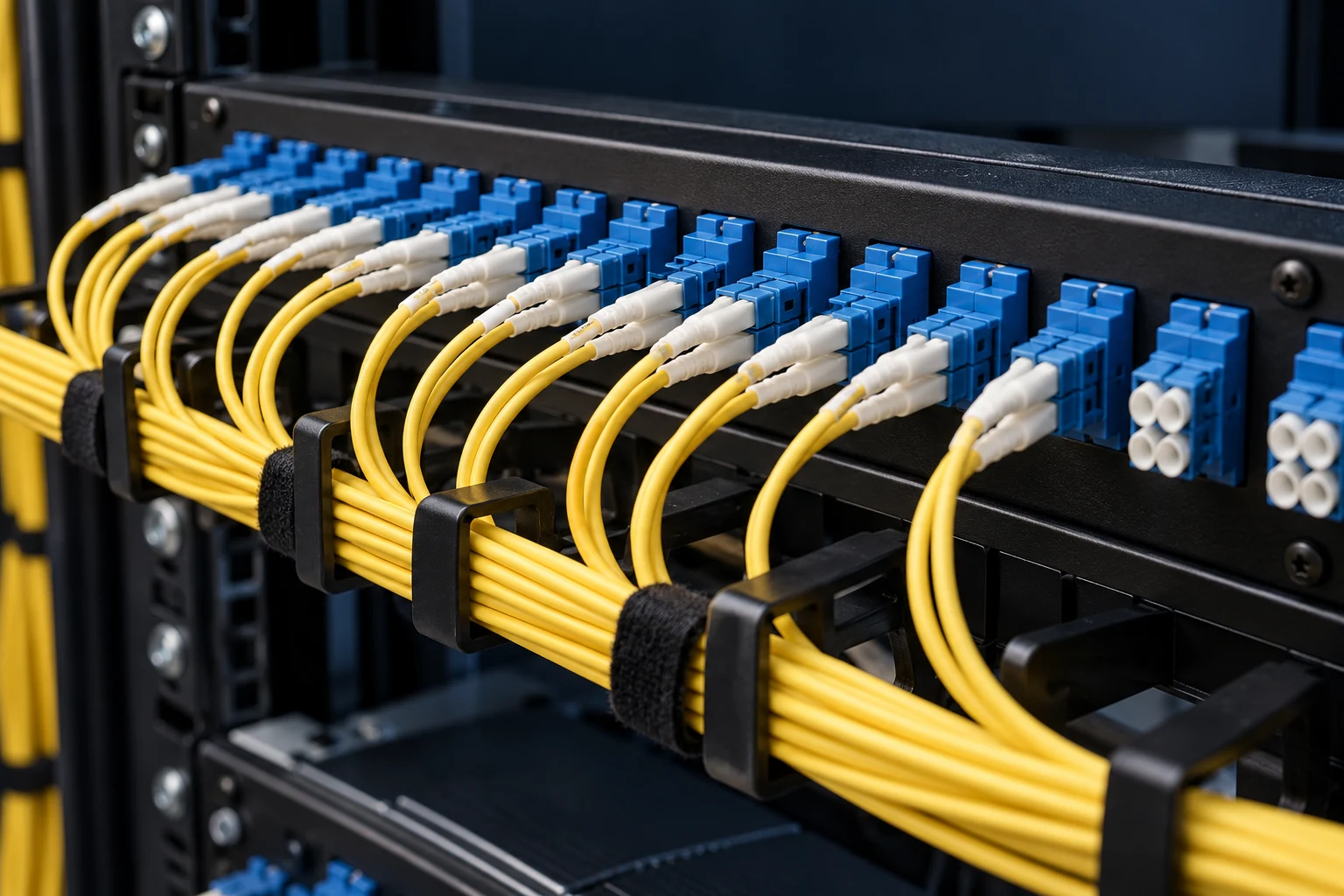 Illustration: Yellow fiber optic patch leads connected to blue LC adapters in a fiber distribution panel